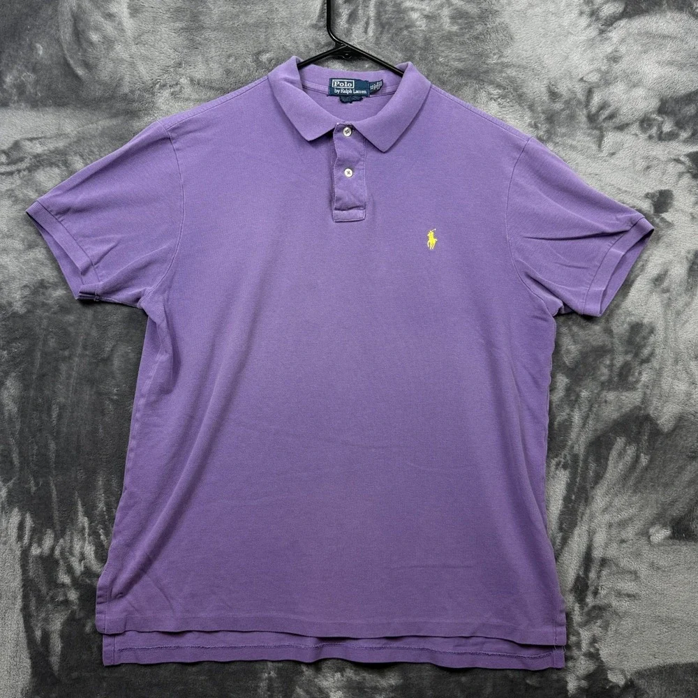 Polo Ralph Lauren Polo Shirt Mens XL Purple Custom Fit Yellow Pony Short Sleeve
